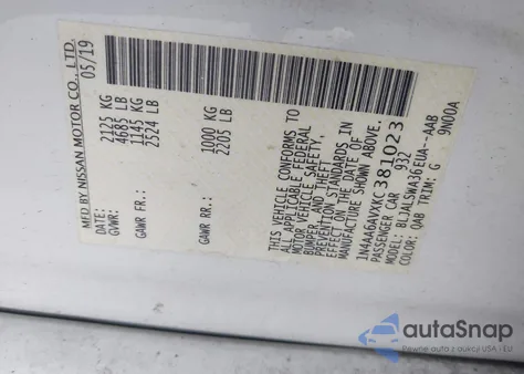 2019 Nissan Maxima 3.5 Sr z USA, uszkodzony, nr VIN 1N4AA6AVXKC381023